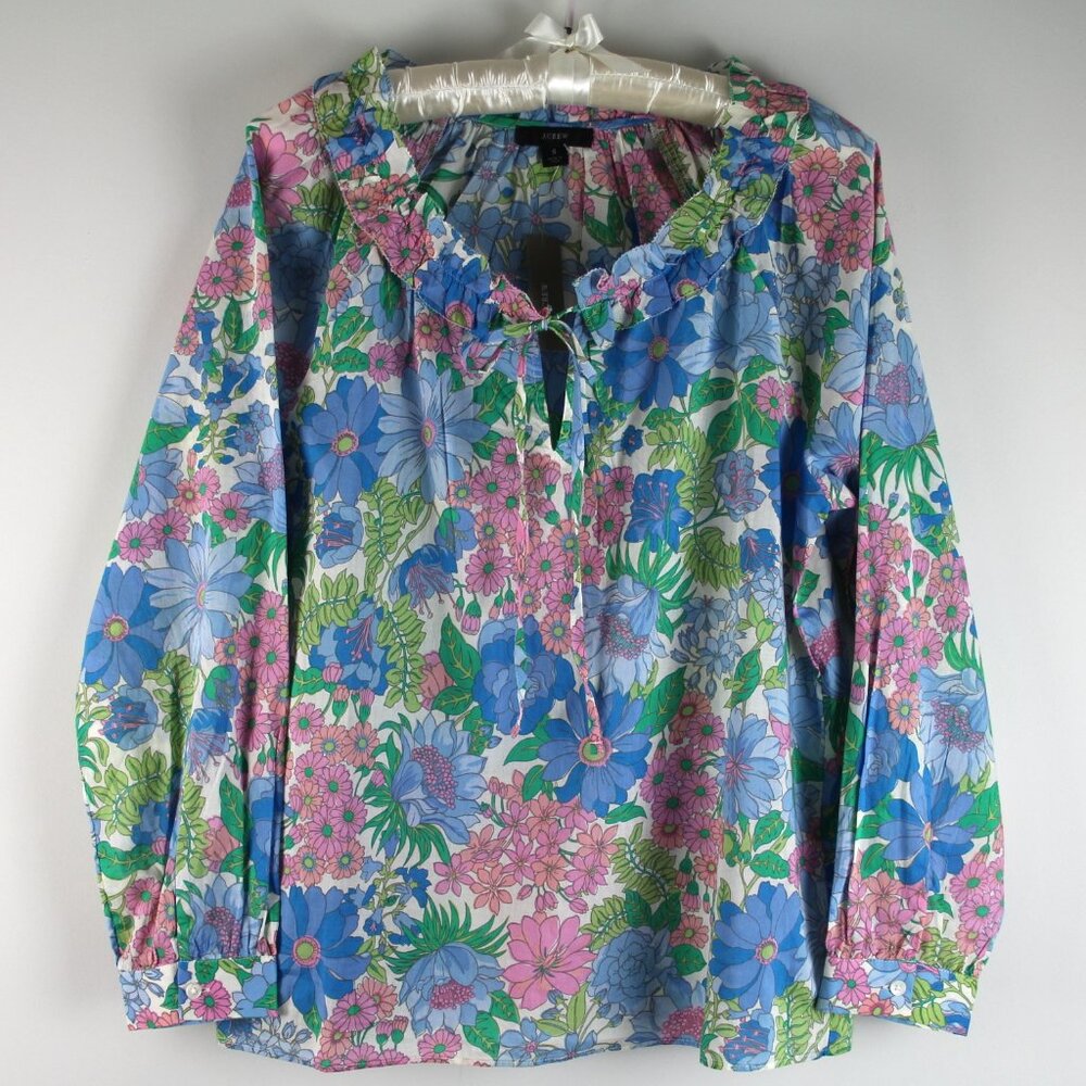 J. Crew Tie Front Ruffle Collar Multicolor Fairy Floral Organic Cotton Top S NWT